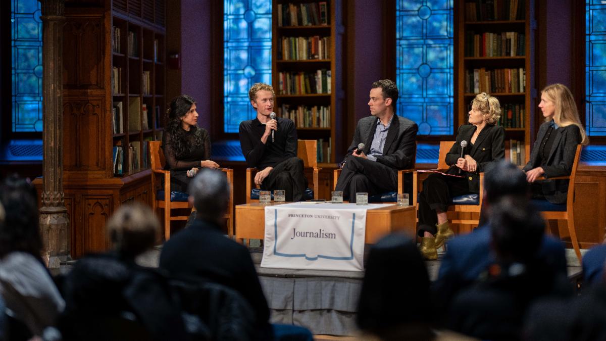 Journalism panel in discussion in East Pyne Rotunda